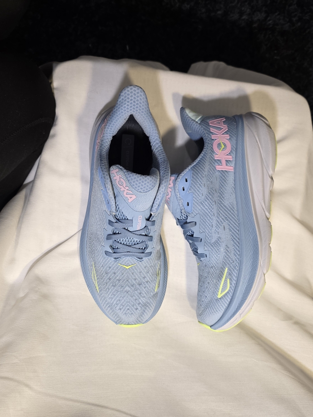 Hoka Women's Light Blue Running Shoes with Pink Logo and Neon Yellow Accents